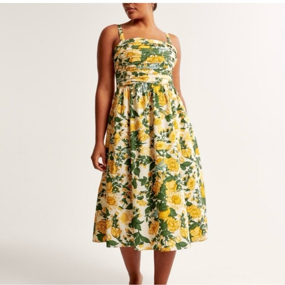 Abercrombie & Fitch Yellow and Green Sleeveless Ruched Tiered Midi Dress